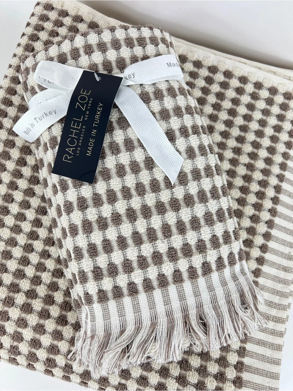 Rachel Zoe Bath Towel Set Brown & Cream Waffle Weave Soft Cotton 6 Pc Set NEW